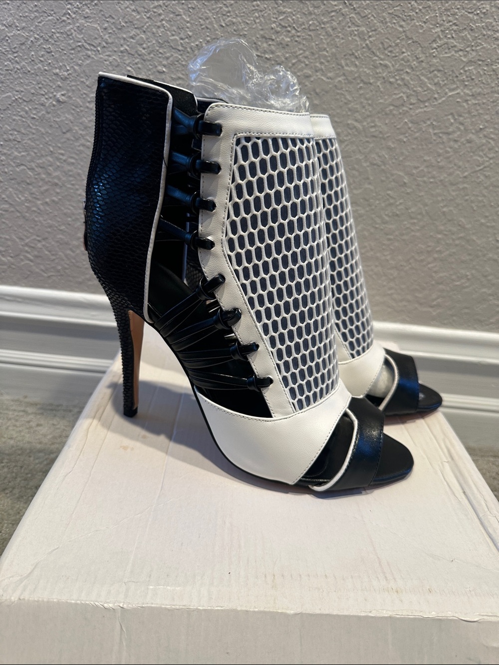 Black & White Mesh Peep-Toe Stiletto Booties